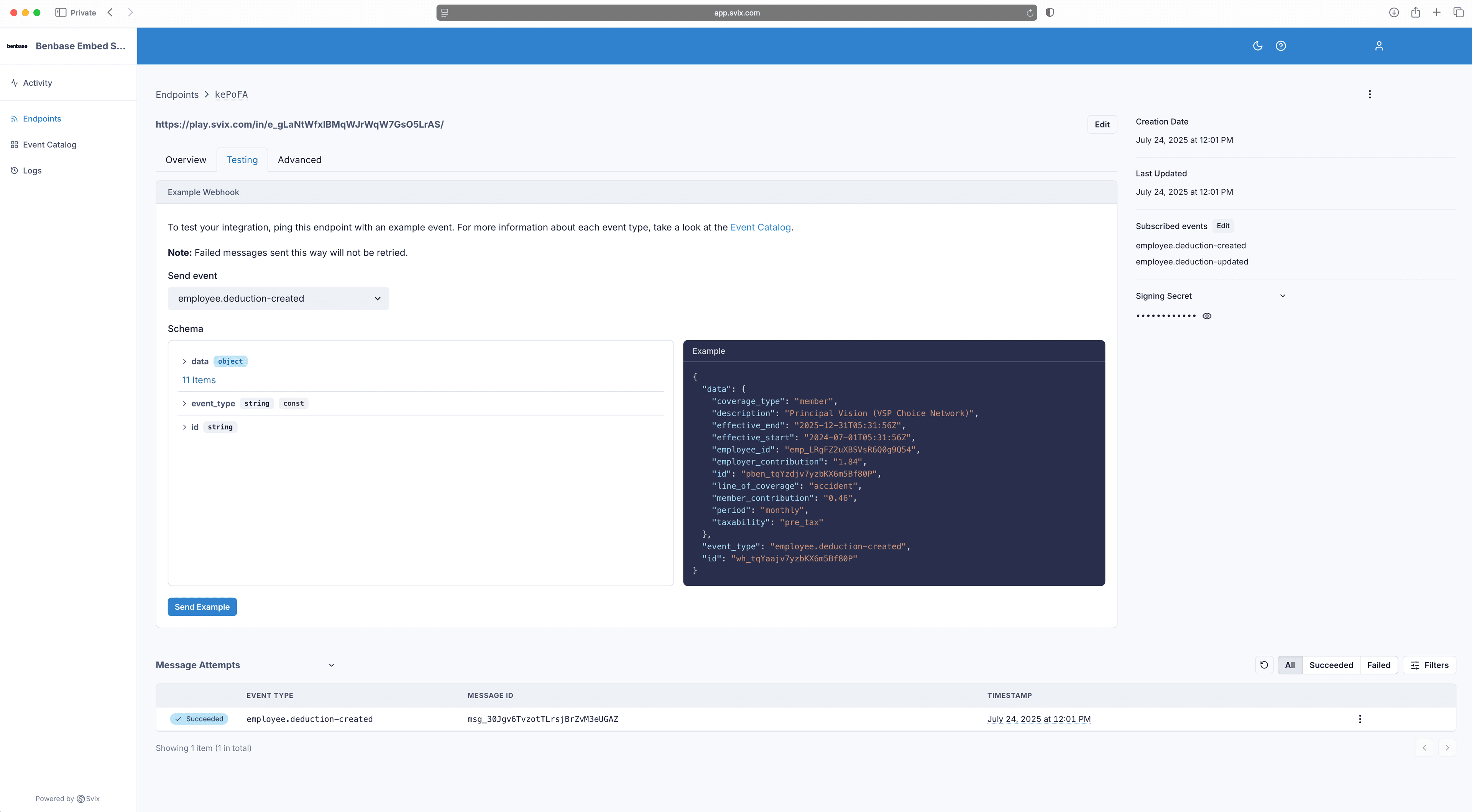Benbase Embed dashboard showing the Svix Portal Access tab and Get Portal URL button