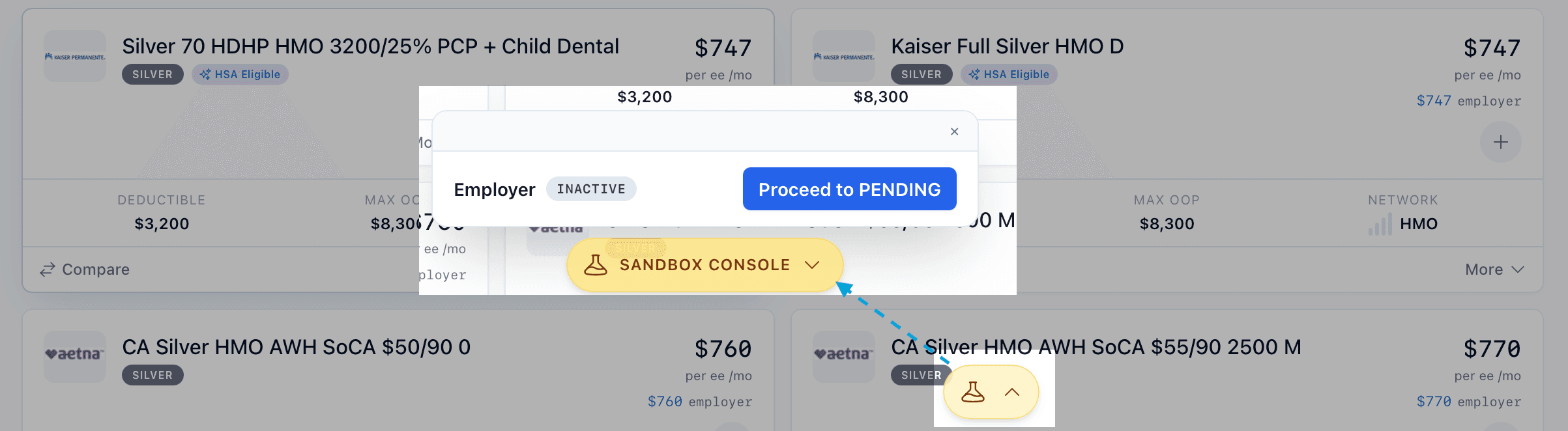 Sandbox Console expanded inside the employer flow